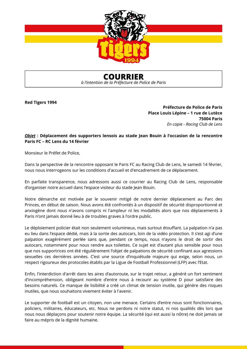 RedTigersLens's tweet image. Afin de nous rendre dans des conditions normales de déplacement au PFC, nous sollicitons le préfet de police de Paris 
#rclpfc #rclens