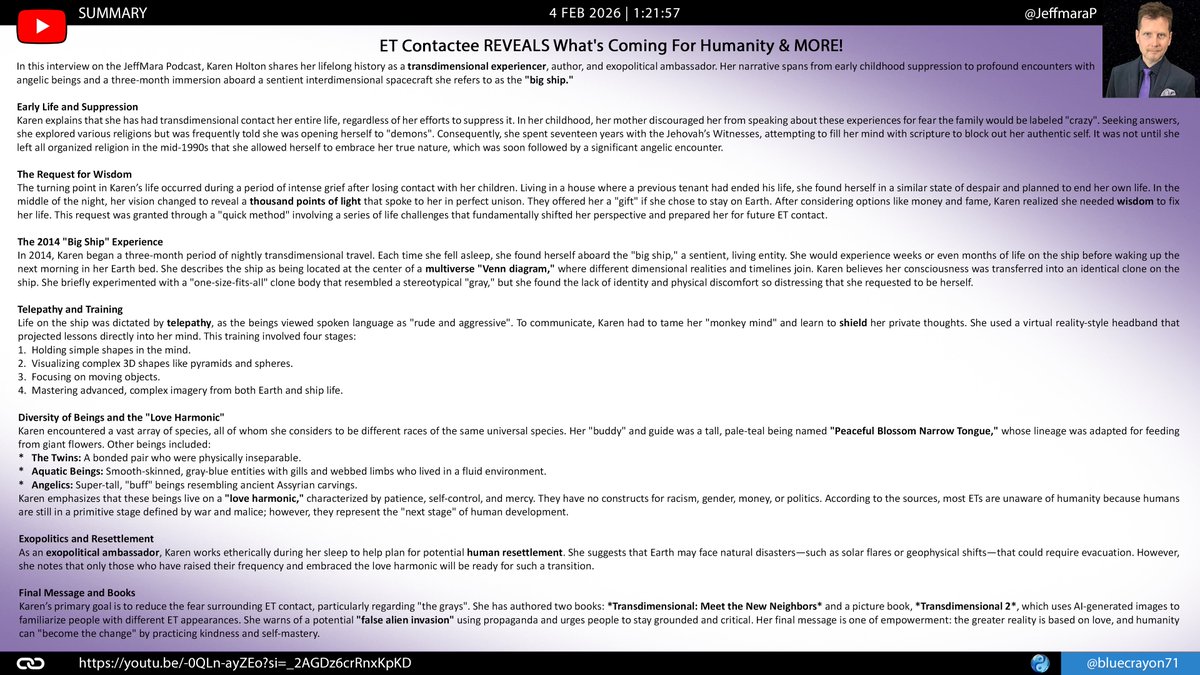 bluecrayon71's tweet image. ET Contactee REVEALS What's Coming For Humanity &amp;amp; MORE! @JeffmaraP 

🔗 youtu.be/-0QLn-ayZEo?si…

#Transdimensional #ETExperience #BigShip #ExopoliticalAmbassador #LoveHarmonic #TelepathyTraining #WisdomOverWealth #ConsciousnessTransfer #SentientSpaceship #ThoughtShielding
