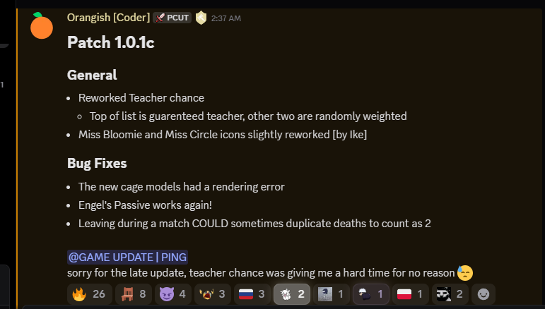 Papercut_News's tweet photo. 📰UPDATE📰

The chance system has been reworked! If you have the most chance in the lobby, you'll be confirmed to be teacher, while second and third place likely still rely on luck. 

The game also had some bug fixes, most importantly, Engel's passive works again.

#Fpe #Papercut https://t.co/MEWWmd7CPc