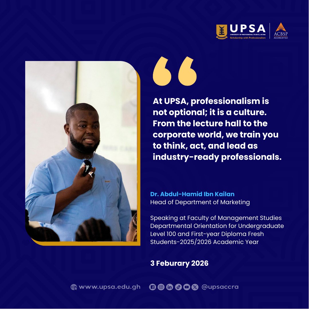 upsaccra's tweet photo. Welcome, Level 100 undergraduates! Dr. Abdul-Hamid Ibn Kailan highlighted professionalism and discipline for future leaders. 
#UPSA #FacultyOfManagementStudies #FMSOrientation #MarketingAtUPSA #FreshmenOrientation #Professionalism #StudentCentred #FutureLeaders #EthicalLeadership https://t.co/cN54x4K5KW