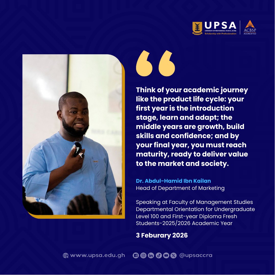 upsaccra's tweet photo. Welcome, Level 100 undergraduates! Dr. Abdul-Hamid Ibn Kailan highlighted professionalism and discipline for future leaders. 
#UPSA #FacultyOfManagementStudies #FMSOrientation #MarketingAtUPSA #FreshmenOrientation #Professionalism #StudentCentred #FutureLeaders #EthicalLeadership https://t.co/cN54x4K5KW
