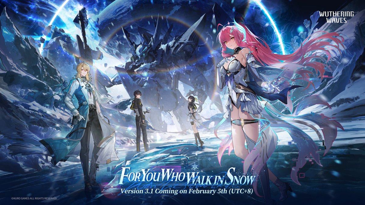 Wuthering_Waves's tweet photo. Patch Notes for Version 3.1: For You Who Walk in Snow

Dear Rovers,
Thank you for your continued support. The following is a summary of content that will become available in Version 3.1: For You Who Walk in Snow.

[Maintenance Time & Compensation Details]
✦Maintenance Time: 2026-02-05 04:00 - 2026-02-05 11:00 (UTC+8)
✦Maintenance Compensation: Astrite x300, Crystal Solvent x2
✦Compensation Eligibility: Create a character and unlock the Mail feature before 2026-02-05 04:00 (UTC+8). The compensation will remain claimable until the next version update.
※In the event that the maintenance is extended, the dev team will issue a follow-up notice and adjust the compensation accordingly.

✦Bug Fixes Compensation: Astrite x300
✦Compensation Eligibility: Create a character and unlock the Mail feature before 2026-02-05 04:00 (UTC+8). The compensation will remain claimable until the next version update.

Click the link for more information: https://t.co/c83K1dN5ab

#WutheringWaves