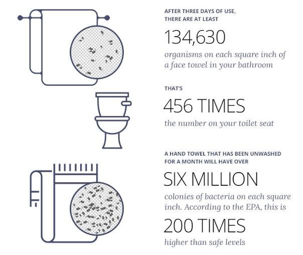 90% Handuk mengandung bakteri yang ada di feses, bahkan setelah 3 hari jumlahnya 450x lebih banyak dari dudukan toilet.

Dalam perspektif Mikrobiologi Klinik, Handuk yang hanya digantung setelah digunakan, terutama di ruangan lembap dengan sirkulasi udara buruk, sering kali tidak