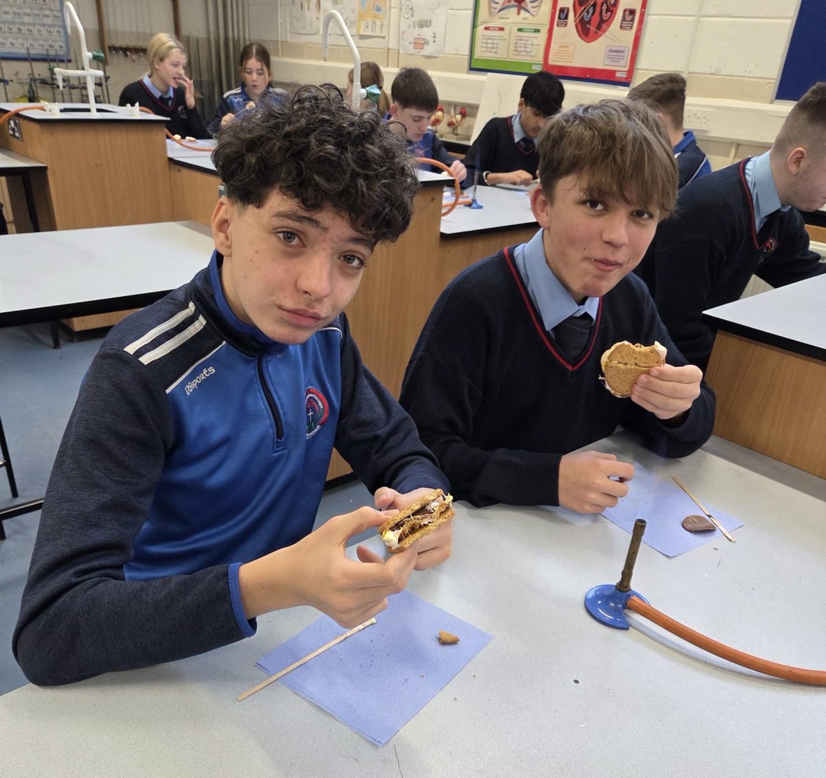 Pres_Carlow's tweet image. Third Years taking time out before their Mocks making Smores in Science class! #wellbeing #bícineálta @CeistTrust #scienceisfun