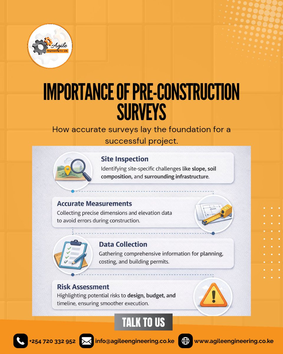 AgileCoLtd's tweet image. Pre-construction surveys give your project the accuracy it needs.

From data collection to mapping out the terrain, here’s why it’s essential for every build.

Learn more about how surveys impact your project.

#SurveyingKenya #EngineeringKenya #BuildKE