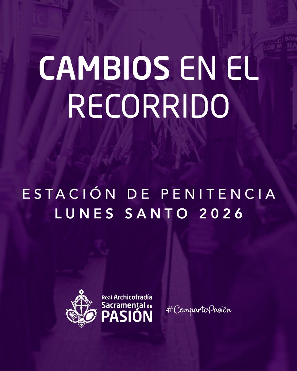 Archi_PasionMLG's tweet photo. #CompartePasión | Modificación recorrido Estación de Penitencia Lunes Santo 2026

En sesión de Cabildo General Ordinario de Salida celebrado el viernes 23 de enero, se aprobó por unanimidad el recorrido que realizará la Archicofradía por las calles de Málaga.

#CofradiasMLG https://t.co/mizIwUiDqC
