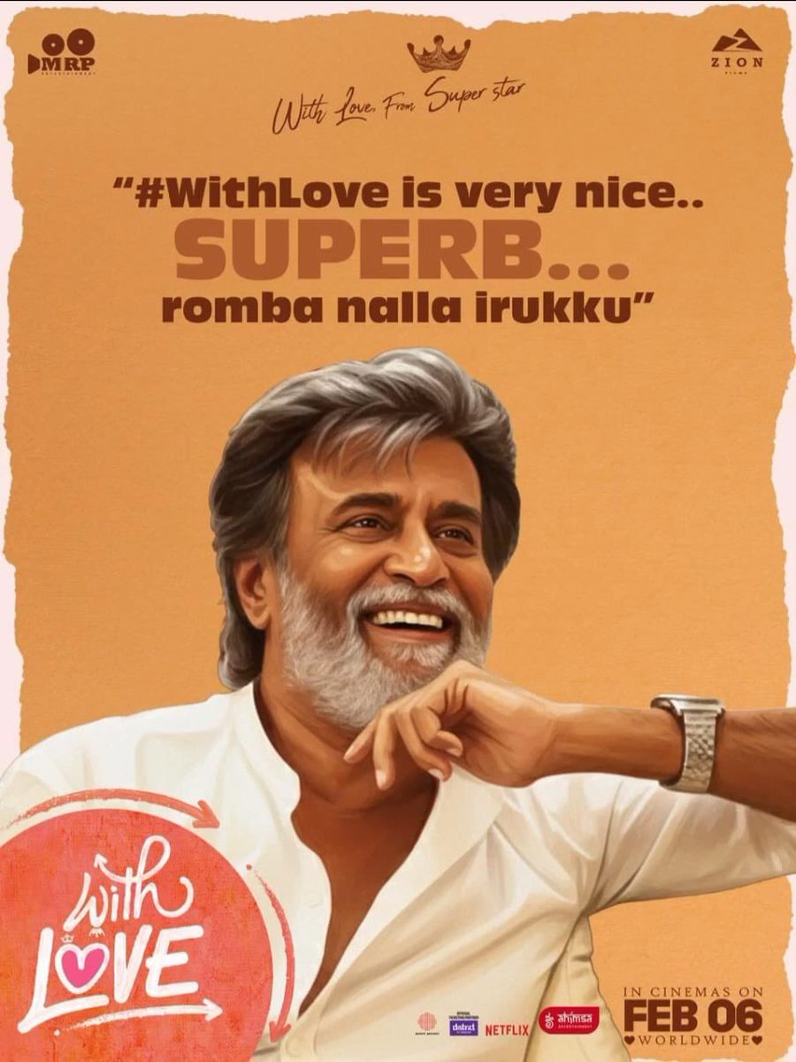 sridharkrupa's tweet photo. #Rajinikanth himself praising #WithLove  
In theatres on 6th February
@Abishanjeevinth @AnaswaraRajan_
@RSeanRoldan @madhann_n
@soundaryaarajni @mageshraj
 @MRP_ENTERTAIN  @Zionfilmsoff @kshreyaas @balaarunachala @vijaymp29 @SonyMusicSouth @NetflixIndia @proyuvraaj 
@rajinikanth https://t.co/yUyElWKsP8