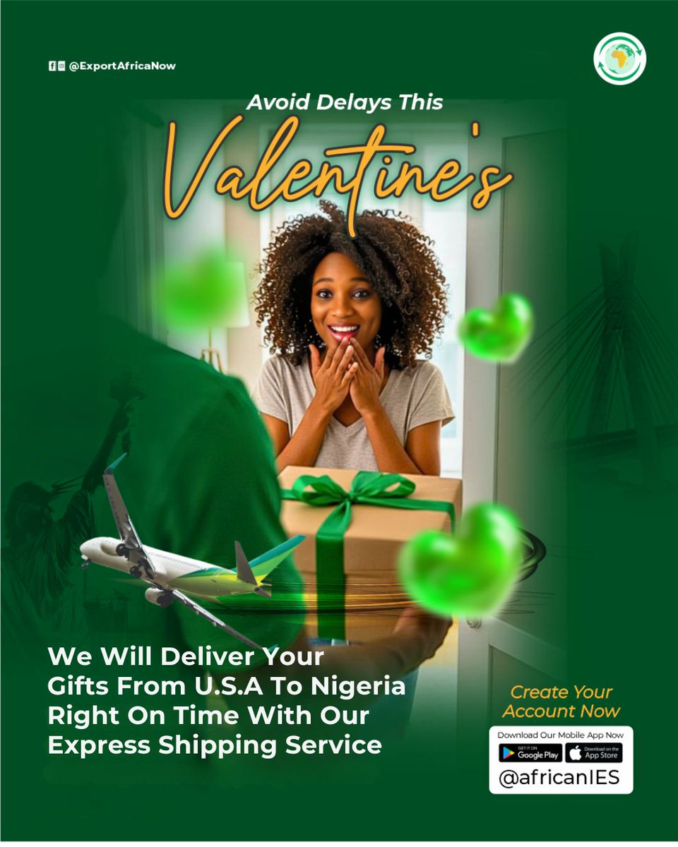 Your Valentine’s gift should arrive with love, not excuses.

Sending a Valentine’s gift from the USA to Nigeria? Timing matters. African Import Export Solutions delivers in 3 to 5 business days.

Create your free account at africanies.com

#USAToNigeria #import