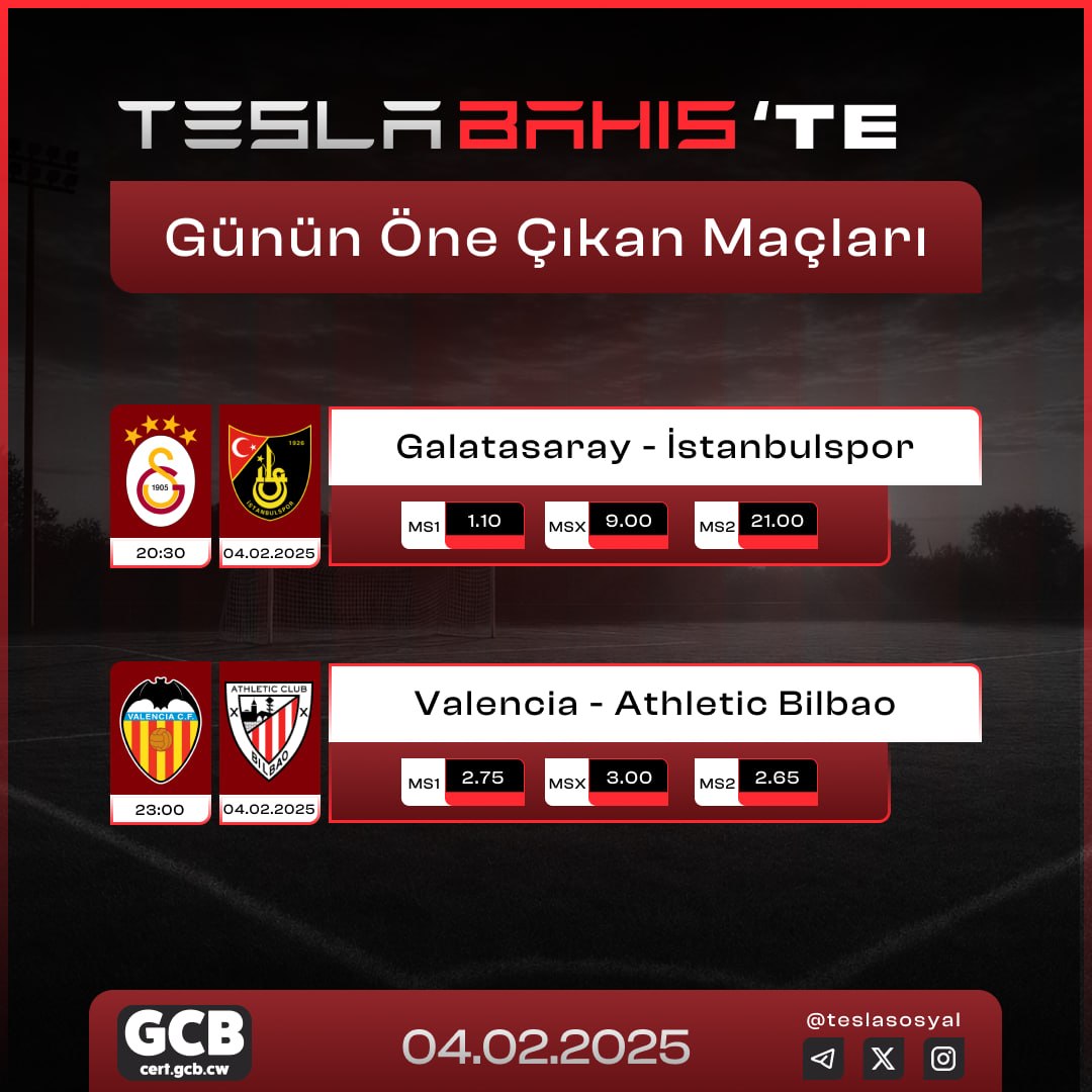 ⭐️ GÜNÜN MAÇLARI EN YÜKSEK ORAN SEÇENEKLERİYLE #TESLABAHİS’TE❗️

⚽️ Galatasaray 🆚 İstanbulspor
⏰ 20:30

⚽️ Valencia 🆚 Atl Madrid
⏰ 23:00

🎁 %25 Spor yatırım bonusuyla bahis keyfini doyasıya yaşayın.

🌐 go.aff.teslaaffilate.com/2st1tqn3