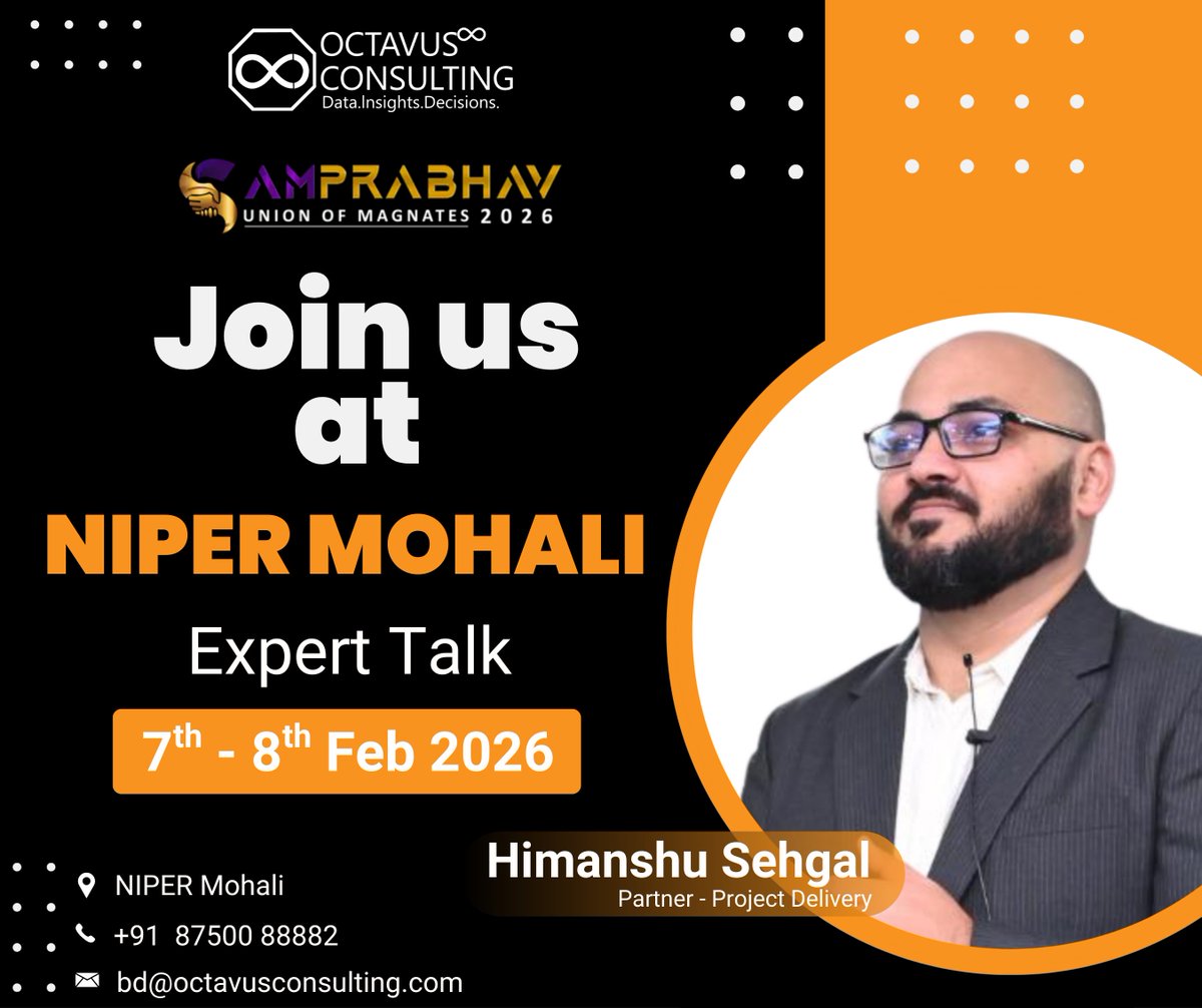 We’re pleased to share that <a href="/HimanshuS2208/">Himanshu Sehgal</a>  (Octavus Consulting), Expert Speaker at SAMPRABHAV-2026 at <a href="/DeptSas/">Dept. Of Pharmaceutical Management,NIPER SAS Nagar</a>.

🗓️8th Feb, 26 | Day 2

#OctavusConsulting #SAMPRABHAV2026 #NIPERMohali #ExpertTalk #HealthcareConsulting #LifeSciences