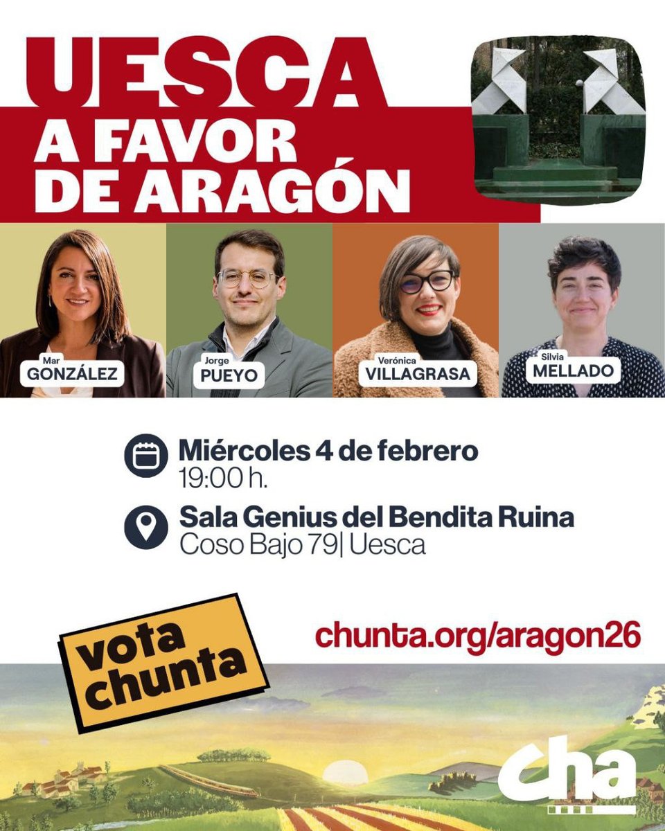 Esta tarde, <a href="/MarGlezBaez/">Mar González 🌻🍉</a> y <a href="/Smelladocruz/">Silvia Mellado</a>, intervendrán junto a  <a href="/jorge_pueyo95/">Jorge Pueyo</a> y Verónica Villagrasa en el acto de <a href="/chunta/">Chunta Aragonesista</a> 'Uesca #AFavorDeAragon'

Aragonesismo y ecologismo de la mano, en defensa del territorio y sus gentes.