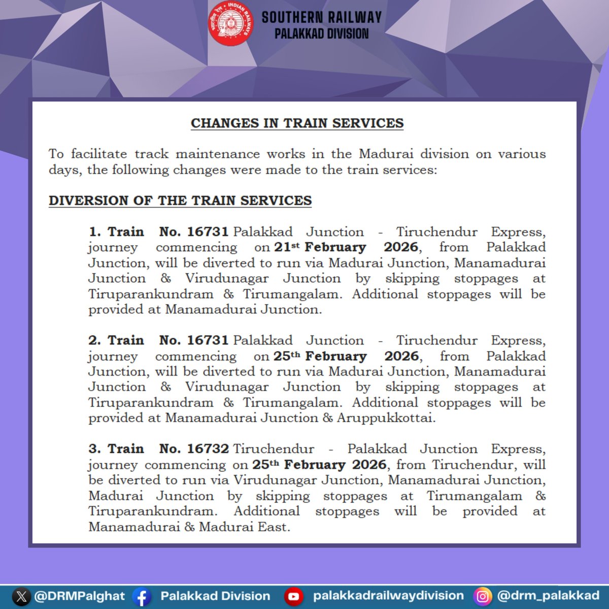DRMPalghat's tweet photo. CHANGES IN TRAIN SERVICES
To facilitate track maintenance works in the Madurai division on various days, the following changes were made to the train services:
#IndianRailways #SouthernRailway #Madurai #RailInfo https://t.co/6h3xCsHSU6