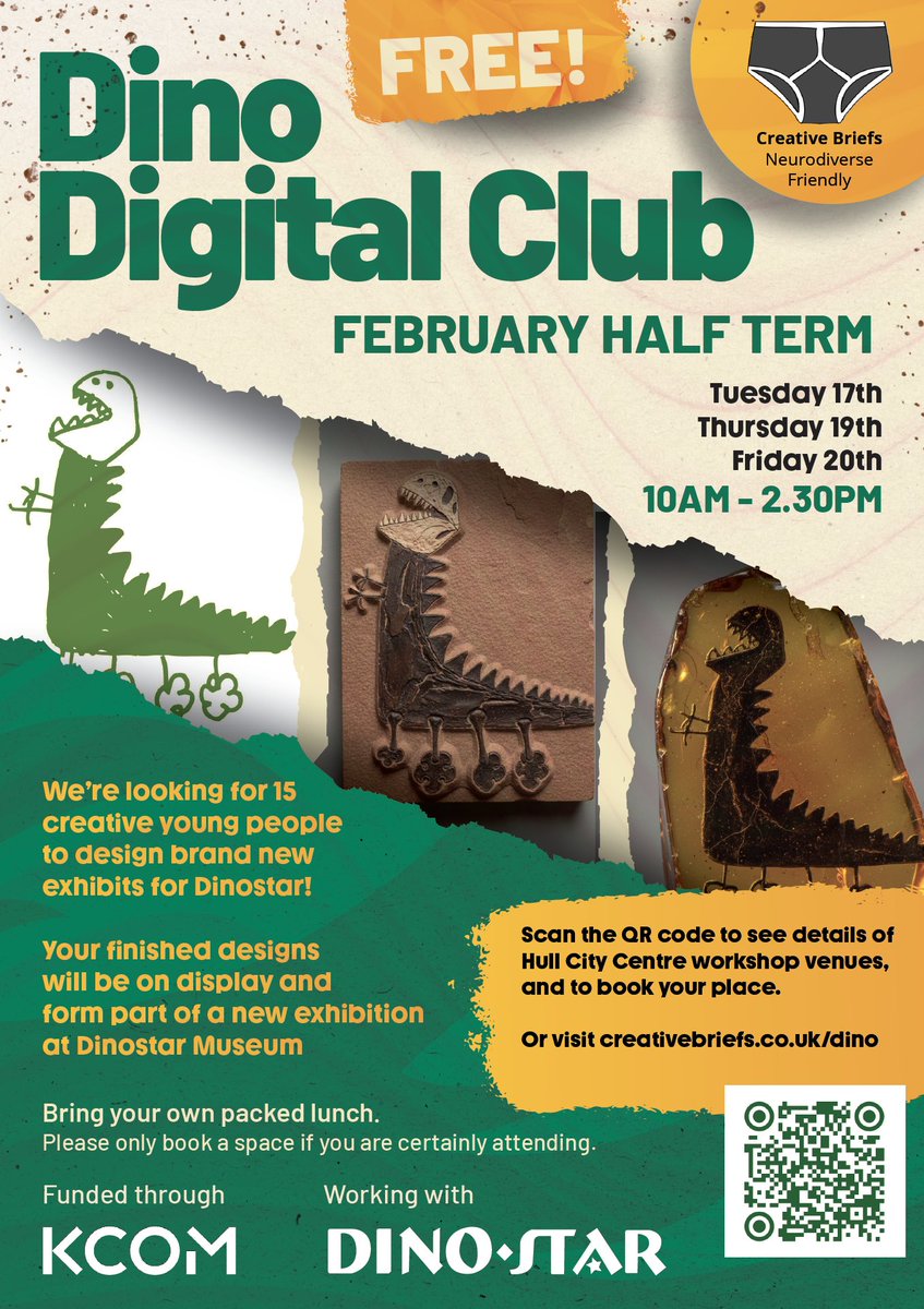 EXTRA DATE ADDED - Wed 18th Feb
Excited to launch our NEW February half term design project working with  <a href="/DinostarHull/">Dinostar Dinosaurs 🦕🦖</a> and funded through <a href="/KCOMhome/">KCOM</a> Create your own dinosaur artefact and exhibit it in a real dinosaur museum!!  🦕📷🦖 creativebriefs.co.uk/dino