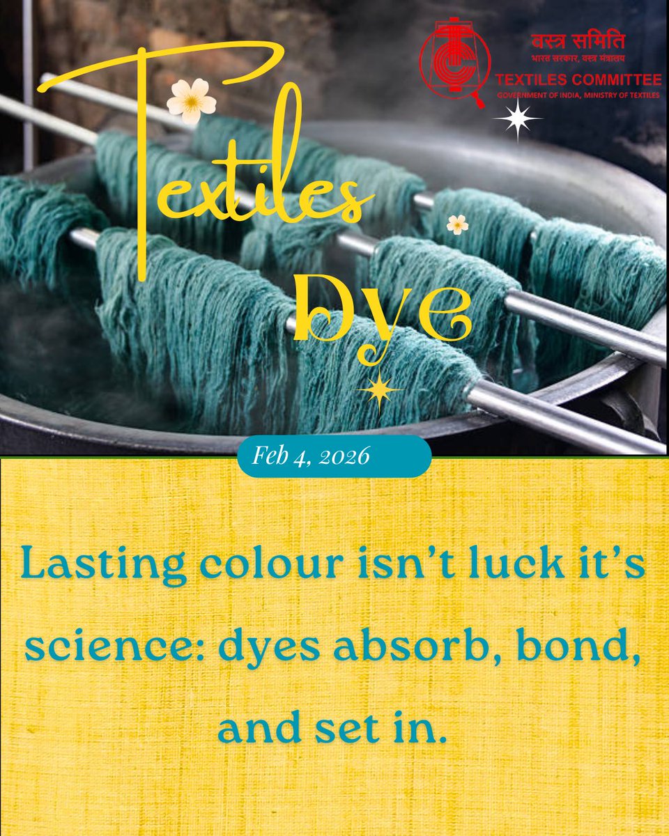 TexComIndia's tweet image. Textile dyes do more than add colour they define mood, quality, and finish. From plant based hues to high performance synthetics, the right dye + the right process makes fabric truly colourfast.
#Textile #dyes #cotton