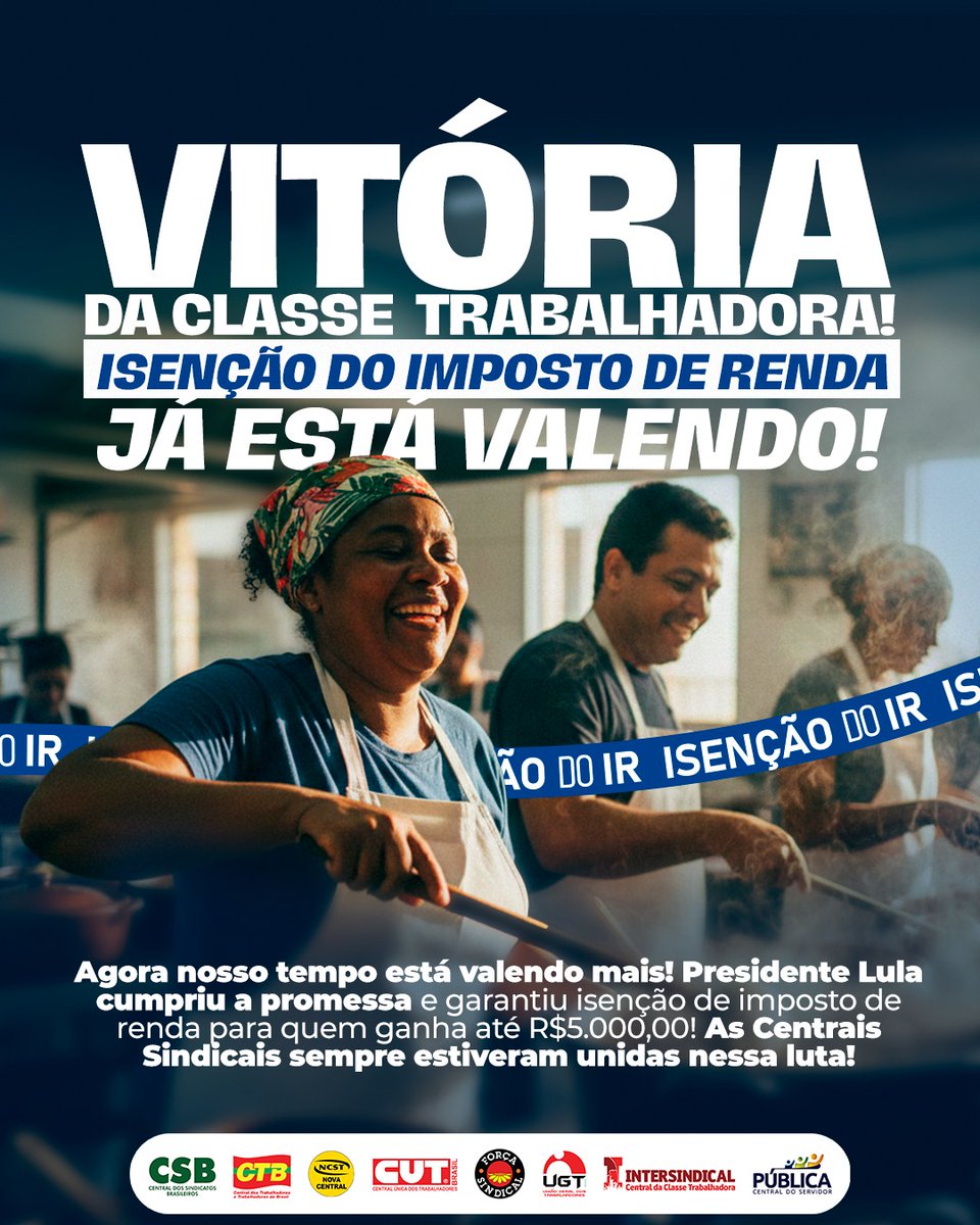 Imposto de renda zero para quem ganha até R$ 5 mil, conquista histórica da classe trabalhadora, luta da CUT, do movimento sindical, que só virou realidade porque elegemos <a href="/LulaOficial/">Lula</a>, que sabe o quanto esse dinheiro a mais siginifica ao trabalhador.