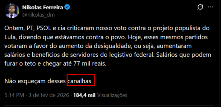 leonardo1opes's tweet image. O Nikolas Ferreira atribuiu ao PT e PSOL a votação dos penduricalhos de ontem e os chamou de "canalhas". A proposta foi relatada por um deputado do PL, a Câmara INTEIRA com exceção de 2 ou 3 votaram A FAVOR, incluindo amigos dele de caminhada, como Zé Trovão.

Desafio o Nikolas a…