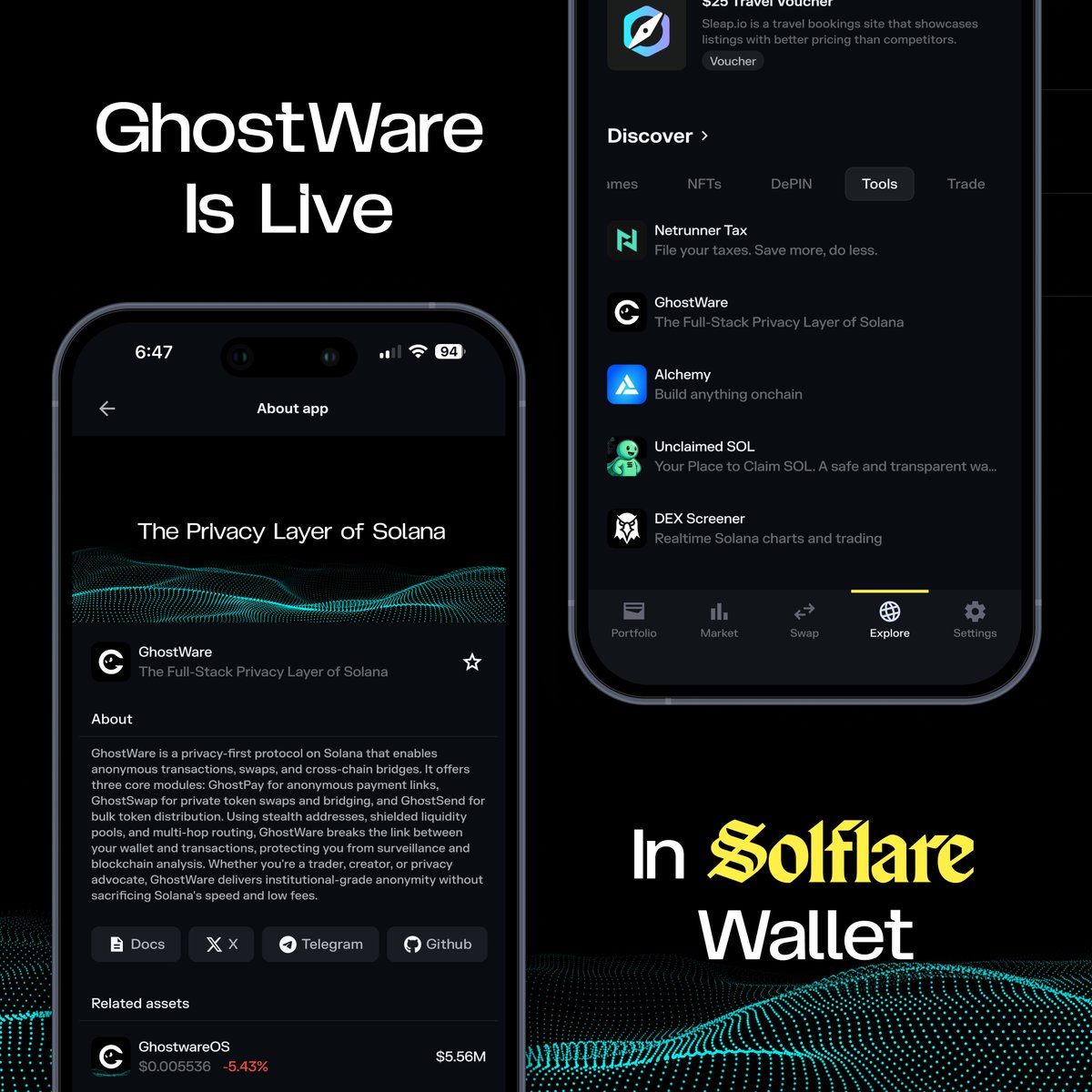 GhostWareOS's tweet image. GhostWare is now live inside @solflare.

Solana users can now discover and access the Privacy Layer of Solana directly from one of the ecosystem’s leading wallets.

Privacy is becoming native. More to come. $GHOST