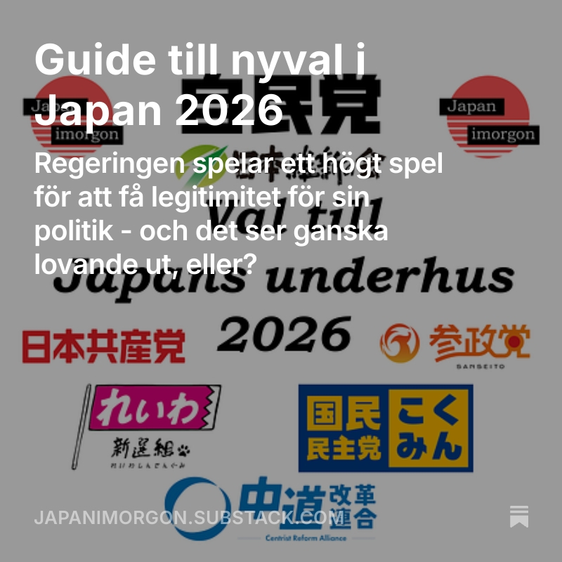 Jonajjs's tweet photo. Med superkort varsel kallade Takaichi Sanae till nyval 8 februari. Många irriterar sig över tajmingen, men opinionen pekar på regeringsseger. Oppositionen är svag och Takaichi utstrålar tydlighet - vilket folk ofta röstar på oavsett politiskt innehåll. https://t.co/XsaFsxmUZD https://t.co/31o9sHbX8w