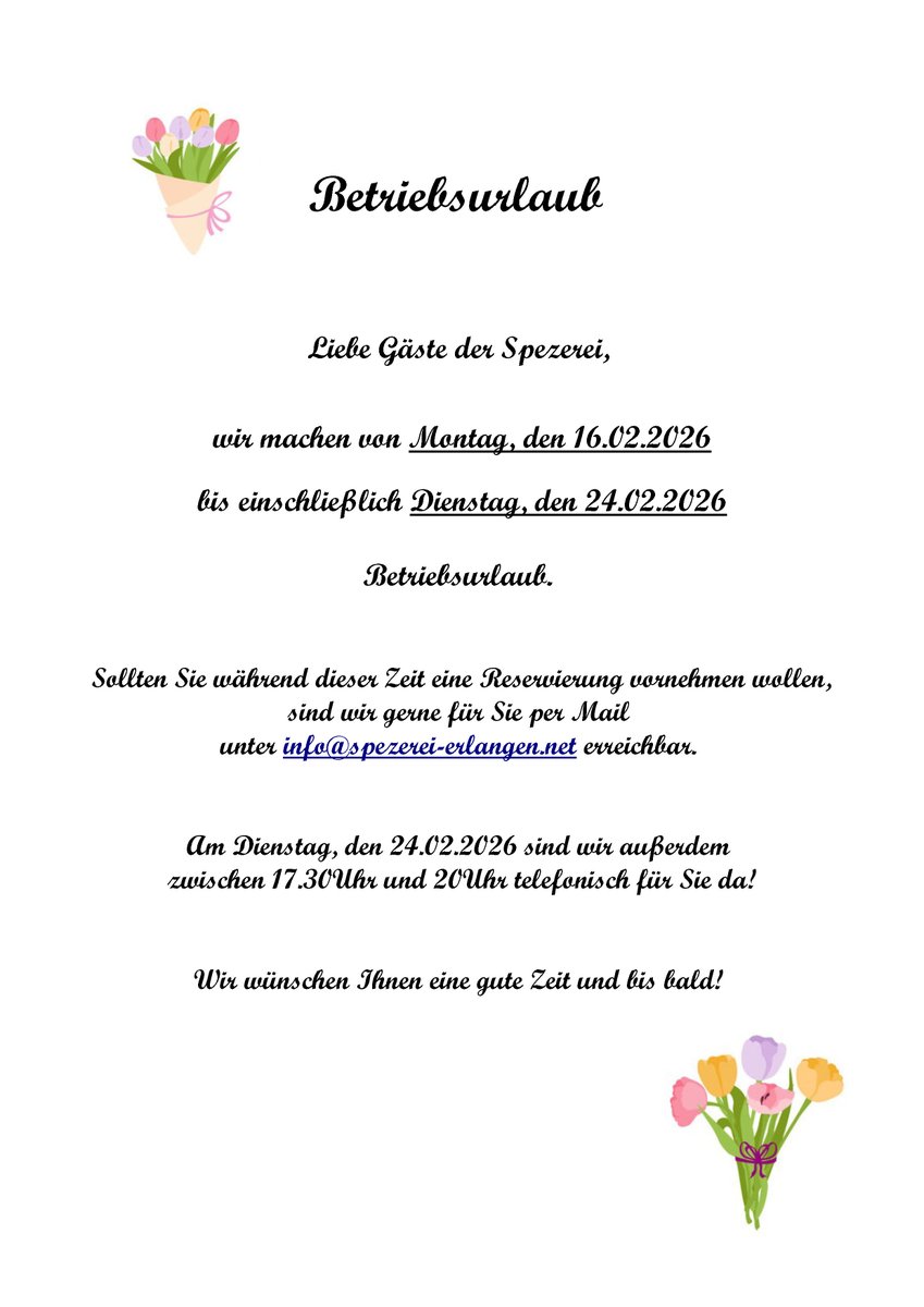 jmspezerei's tweet photo. ℹ️ Wir machen Betriebsurlaub vom Montag, den 16.02.2026 bis Dienstag, den 24.02.2026, we are on company vacation from Monday, 16.02.2026 until Tuesday, 24.02.2026. Wir wünschen Ihnen eine gute Zeit und bis bald! - We wish you a good time and see you soon! https://t.co/DF5gAbOzxy https://t.co/efMuxxA0KT