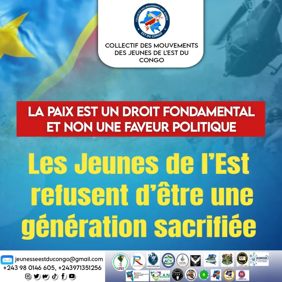 <a href="/leParrainRDC/">𝐥𝐞 𝐏𝐚𝐫𝐫𝐚𝐢𝐧</a> Merci beaucoup, cher leader <a href="/leParrainRDC/">𝐥𝐞 𝐏𝐚𝐫𝐫𝐚𝐢𝐧</a> . Les jeunes de l’Est vous seront profondément reconnaissants pour toute marque de solidarité que vous leur témoignerez.

Le Collectif des Mvmts des Jeunes de l’Est du Congo reste pleinement disponible pour toute collaboration en ce sens.