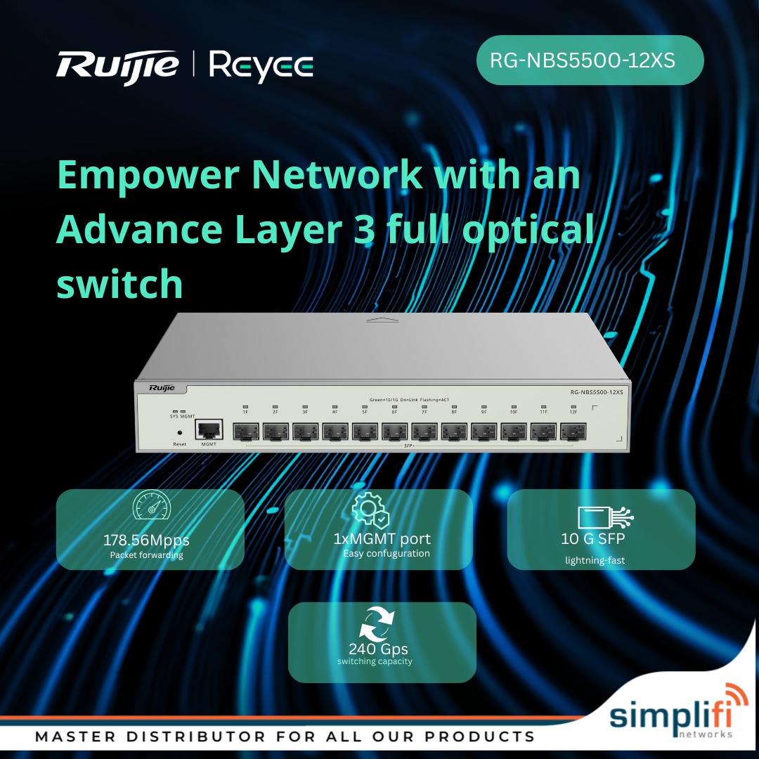 SimplifiNetwork's tweet photo. Upgrade your core network with confidence. The Ruijie Reyee RG-NBS5500-12XS is built for organizations that need speed, stability, and performance in their networks.

#SimplifiNetworks https://t.co/JniE5ITI7V
