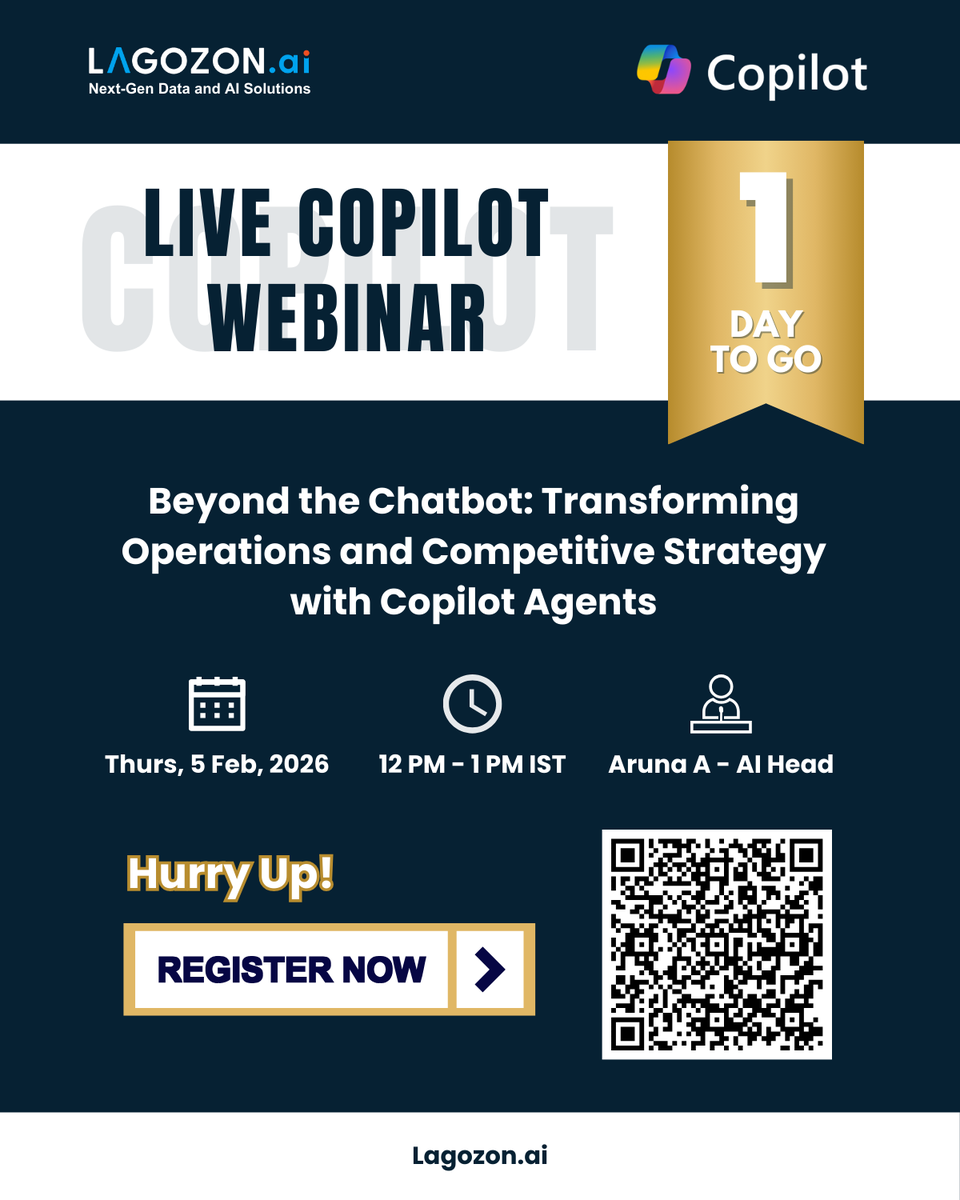 Lagozon's tweet photo. In tomorrow's webinar we explore how organizations can 𝐦𝐨𝐯𝐞 𝐛𝐞𝐲𝐨𝐧𝐝 𝐛𝐚𝐬𝐢𝐜 𝐜𝐡𝐚𝐭𝐛𝐨𝐭𝐬 𝐭𝐨 𝐞𝐧𝐭𝐞𝐫𝐩𝐫𝐢𝐬𝐞-𝐠𝐫𝐚𝐝𝐞 𝐂𝐨𝐩𝐢𝐥𝐨𝐭 𝐀𝐠𝐞𝐧𝐭𝐬. 

👉𝐑𝐞𝐠𝐢𝐬𝐭𝐞𝐫 𝐧𝐨𝐰: https://t.co/5L3e1uUiFi

#CopilotAgents #Microsoft #Lagozon #Copilot https://t.co/nKb8IcWQuG