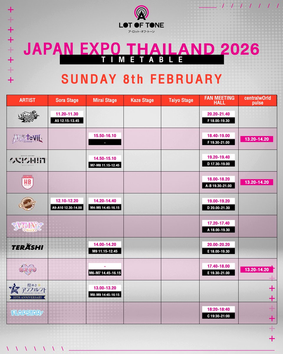 A Lot Of Tone in Japan Expo Thailand 2026

TIMETABLE ของศิลปินในค่าย A Lot Of Tone และศิลปินพิเศษจากประเทศญี่ปุ่น จัดตารางกันให้ดี แล้วมาเจอกันให้ได้นะคะ 

#ALotOfTone #CMJ #LotOfLive