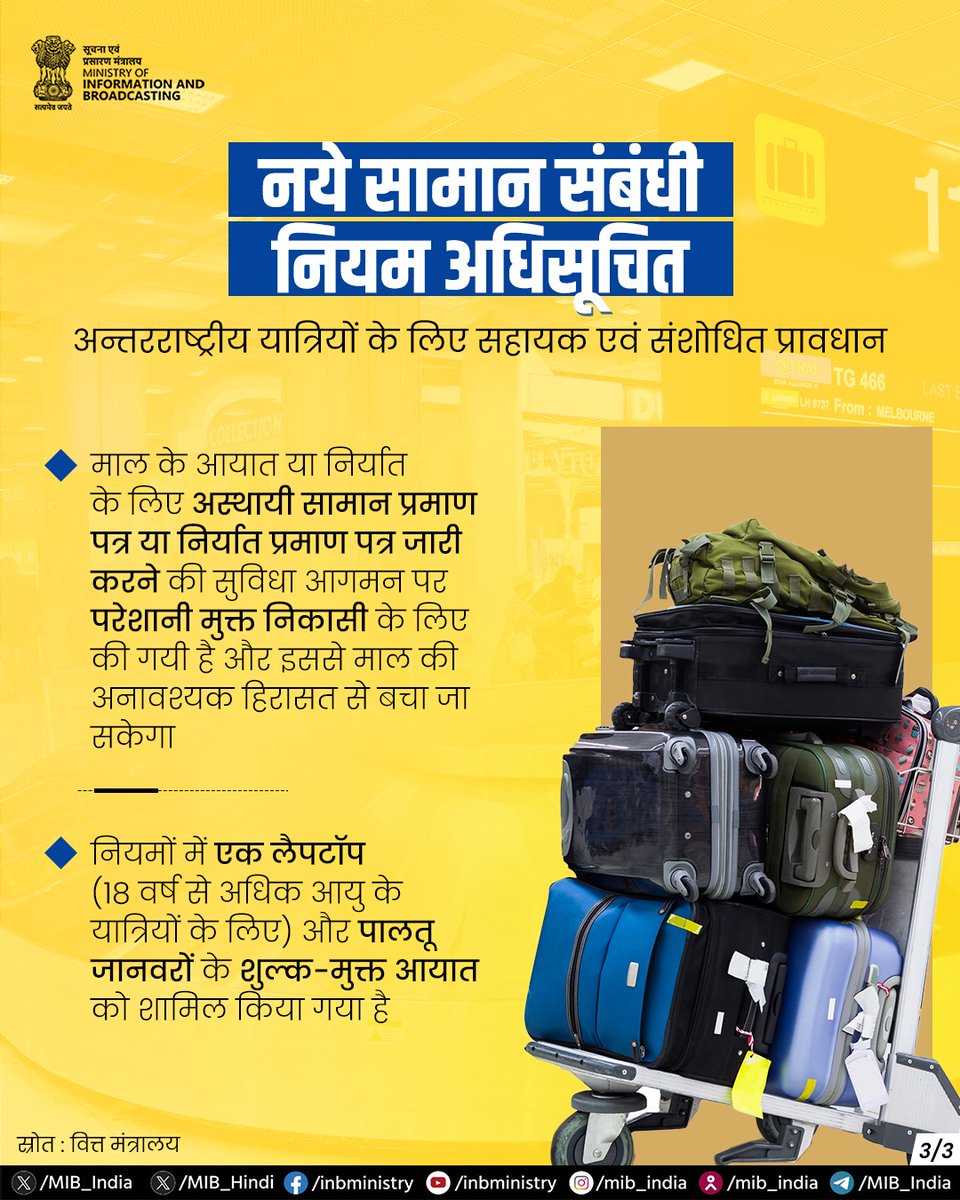 CBCBhopal's tweet photo. सरकार ने नये सामान संबंधी नियम अधिसूचित किए हैं, जिनका उद्देश्य ड्यूटी-फ्री सीमा बढ़ाना, प्रक्रियाओं को सरल बनाना और यात्रियों की सुविधा बढ़ाना है। इससे भारत को पर्यटन-अनुकूल गंतव्य के रूप में मजबूती मिलेगी। और पढ़ें : https://t.co/v6n1457W8e #BaggageRules
@MIB_Hindi
@CBC_MIB https://t.co/S2tyr2DqAf