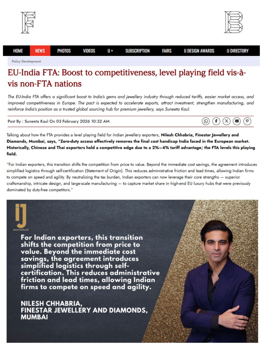 As the EU–India FTA gains momentum, Indian jewellery exports reach a turning point.
Mr. Nilesh Chhabria shares how the agreement creates a level playing field and allows exports to compete on value, not tariffs.

#fta #NarendraModi #tarrifs #export #Diamonds