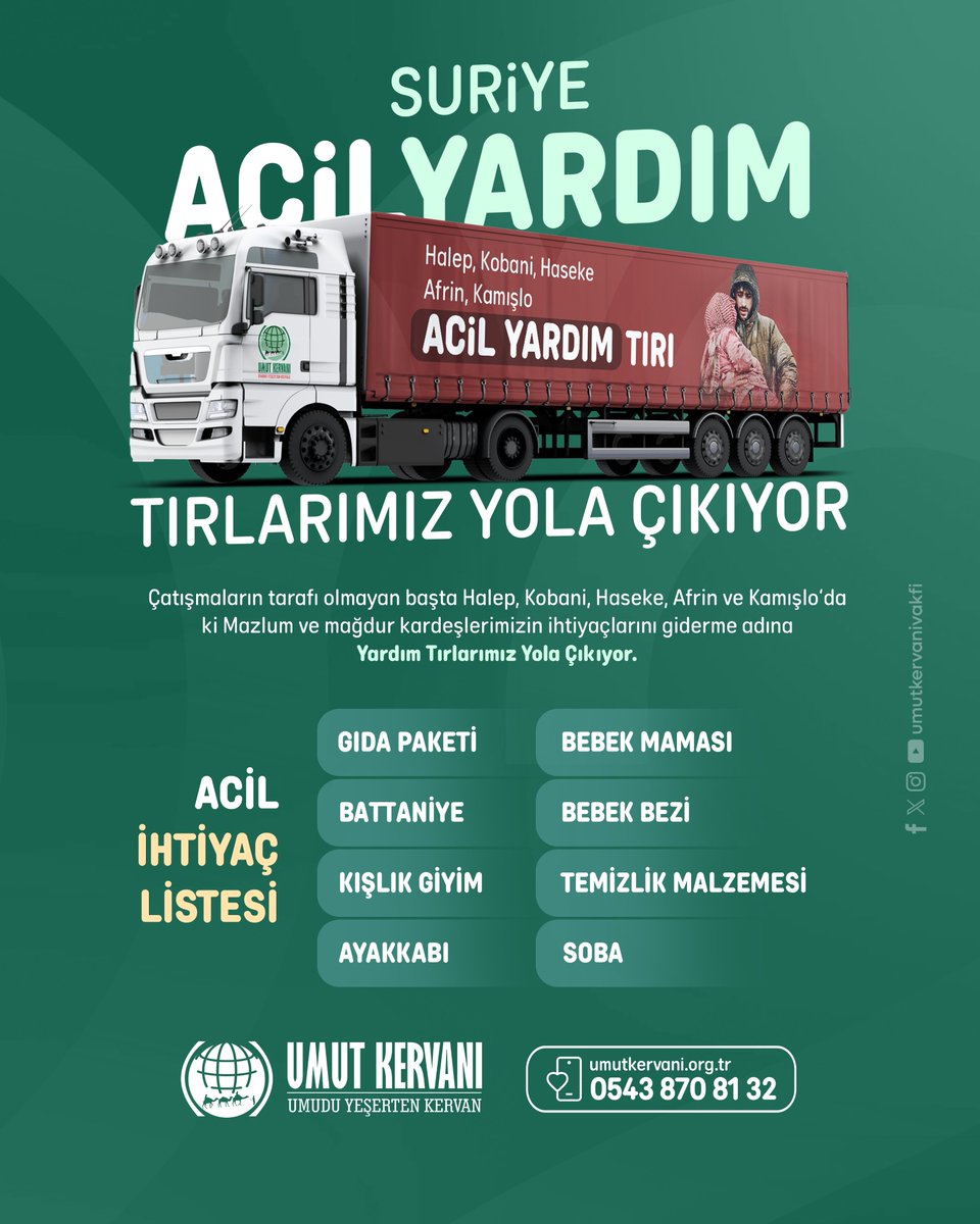 SURİYE'YE ACİL YARDIM TIRLARIMIZ YOLA ÇIKIYOR

Çatışmaların tarafı olmayan Halep, Afrin, Kobani, Haseke ve Kamışlo'da ki mazlum ve mağdur kardeşlerimizin ihtiyaçlarını karşılamak için tırlarımız yola çıkıyor.

Şimdi destek zamanı!

umutkervani.org.tr/bagis