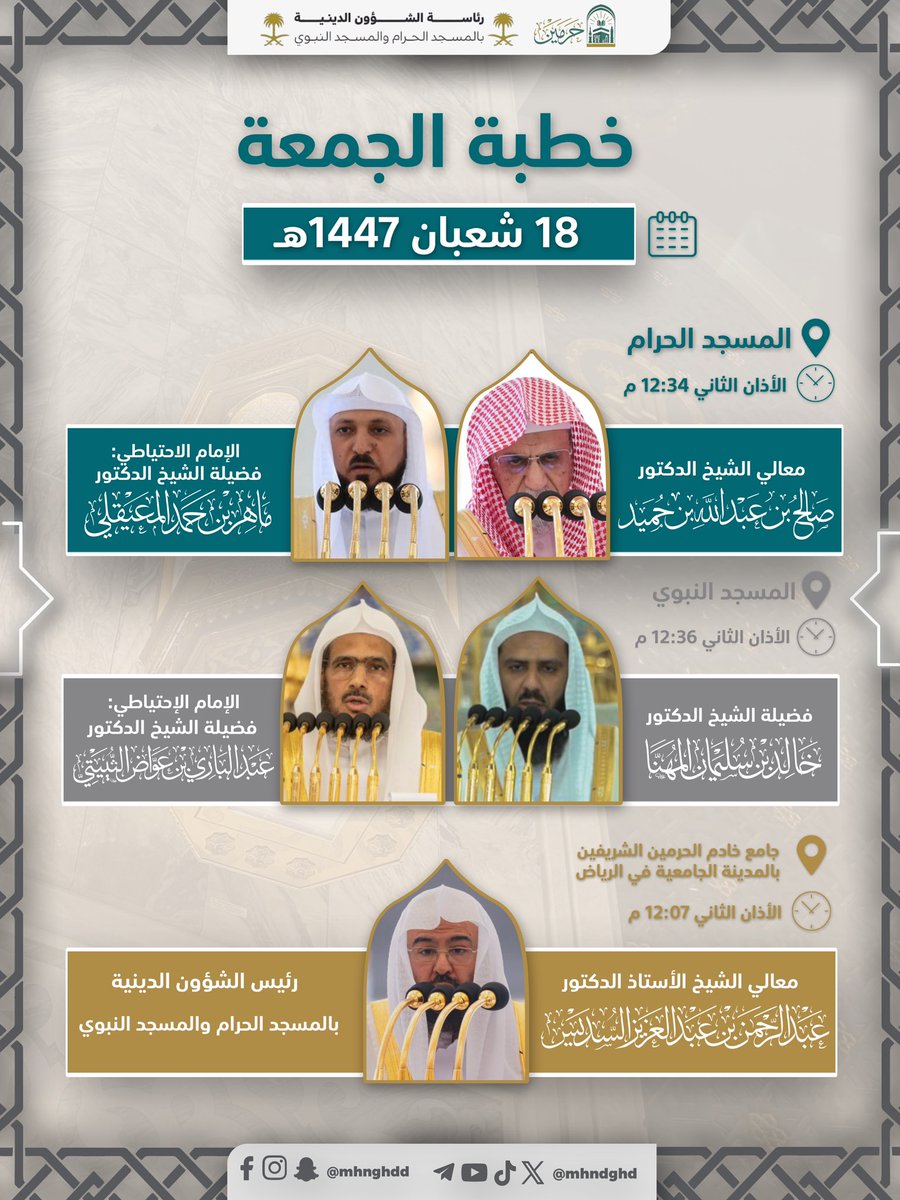 خطبة الجمعة بالمسجد الحرام والمسجد النبوي وجامع خادم الحرمين الشريفين بالمدينة الجامعية بالرياض 18 #شعبان 1447هـ!♥️

#صالح_بن_حميد
#عبدالرحمن_السديس
#ماهر_المعيقلي
#عبدالباري_الثبيتي 
#خالد_المهنا