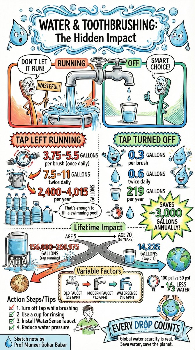 Two minutes to brush. ⏰
​If you leave the tap running, that’s up to 4 gallons of clean water straight down the drain.
​Twice a day = nearly 3,000 gallons wasted a year. 🛁
​The easiest fix ever: Turn it off until you rinse.
​Be honest: Are you a "runner" or a "turner-offer"?