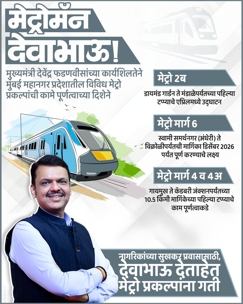 AAKspeaks's tweet photo. मेट्रोमॅन मुख्यमंत्री @Dev_Fadnavis भाऊ.. 🚩
मुख्यमंत्री देवेंद्र फडणवीसांच्या कार्यशिलतेने मुंबई महानगर प्रदेशातील विविध मेट्रो प्रकल्पांची कामे पूर्णत्वाच्या दिशेने.. 🚩 https://t.co/SntbAYI25n