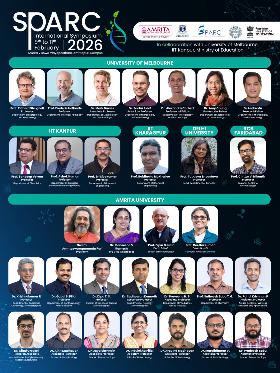amritabiotech's tweet photo. We are proud to present an eminent lineup of distinguished speakers from the @uommedia, @IITKanpur, @IITKgp,@UnivofDelhi,
@unescorcb, and @AMRITAedu https://t.co/RUbCjLvuUA