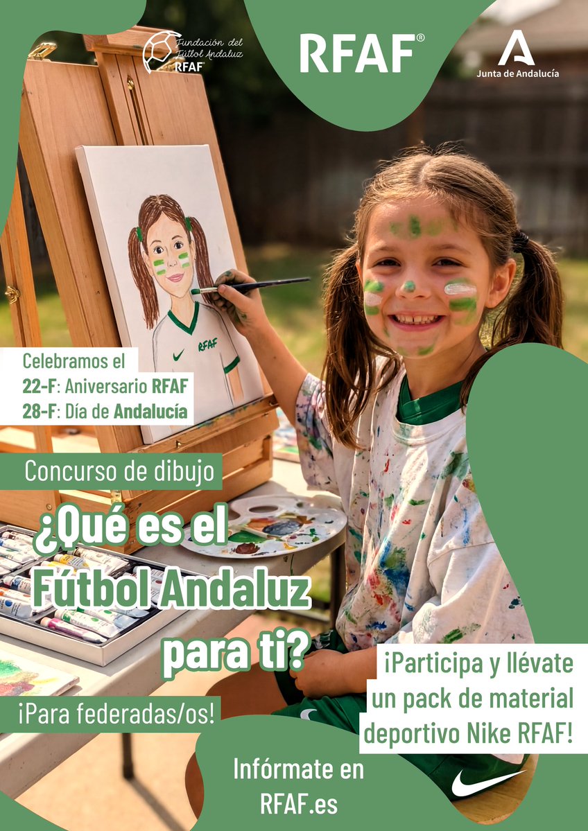 📢 𝒞ℴ𝓃𝒸𝓊𝓇𝓈ℴ 𝒹ℯ 𝒹𝒾𝒷𝓊𝒿ℴ

🎨 ¿Qué es el fútbol andaluz para ti?

🧒👧 La #RFAF abre un nuevo concurso para los jugadores federados de categorías prebenjamín, benjamín y alevín 

¡Celebremos juntos el aniversario RFAF y el #DíadeAndalucía!

 🎁 Los ganadores recibirán