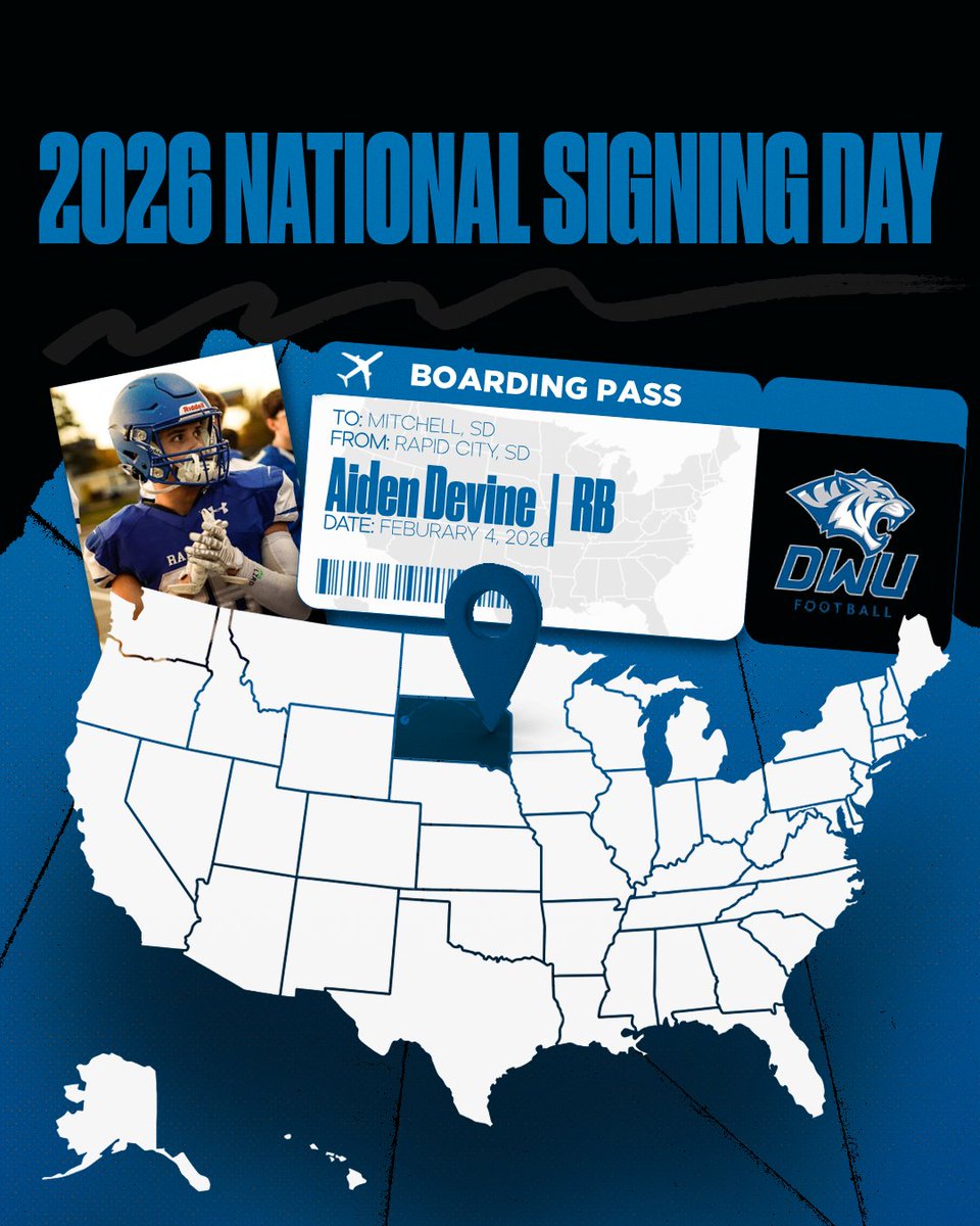 DWTigerFB's tweet photo. Welcome to Tiger Nation! @AidenDevine26 

Aiden is a running back from Rapid City, South Dakota. He led his team in rushing and scoring during the 2025 season. 
#BleedBlue #NSD26 #DWUFB https://t.co/UNwEXuufsi
