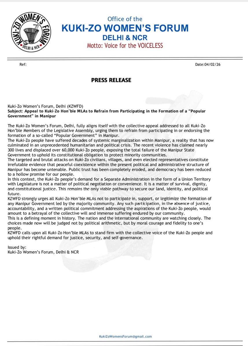 Kuki-Zo Women’s Forum, Delhi (KZWFD) 𝗮𝗽𝗽𝗲𝗮𝗹𝘀 𝘁𝗼 𝗞𝘂𝗸𝗶-𝗭𝗼 𝗛𝗼𝗻’𝗯𝗹𝗲 𝗠𝗟𝗔𝘀 𝘁𝗼 𝗥𝗲𝗳𝗿𝗮𝗶𝗻 𝗳𝗿𝗼𝗺 𝗣𝗮𝗿𝘁𝗶𝗰𝗶𝗽𝗮𝘁𝗶𝗻𝗴 𝗶𝗻 𝘁𝗵𝗲 𝗙𝗼𝗿𝗺𝗮𝘁𝗶𝗼𝗻 𝗼𝗳 𝗮 “𝗣𝗼𝗽𝘂𝗹𝗮𝗿 𝗚𝗼𝘃𝗲𝗿𝗻𝗺𝗲𝗻𝘁” 𝗶𝗻 𝗠𝗮𝗻𝗶𝗽𝘂𝗿

<a href="/KipgenNem/">Nem chopra kipgen</a> <a href="/LMKhaute/">LallianMang Khaute, MLA,IPS(retd)</a>