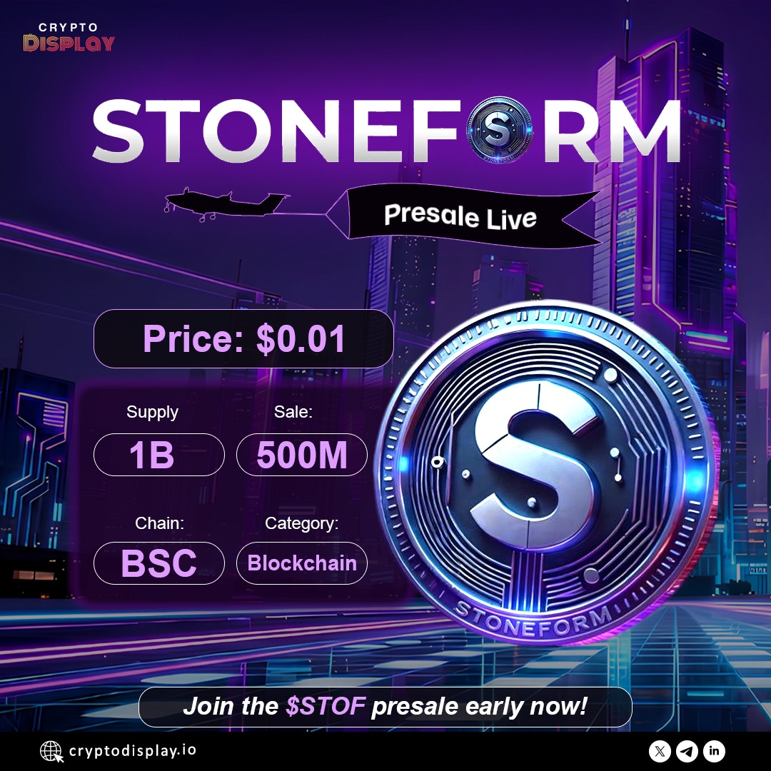 CryptoDisplayio's tweet photo. STONEFORM $STOF Presale is Live

BSC-based blockchain project focused on smart applications, staking, and community governance.

Price: $0.01
Supply: 1B
Presale: 500M (50%)
Chain: BSC
🔗 https://t.co/h54fv4c5iM

#STOF #CryptoPresale #BSC #Blockchain https://t.co/LWXNsokTeM
