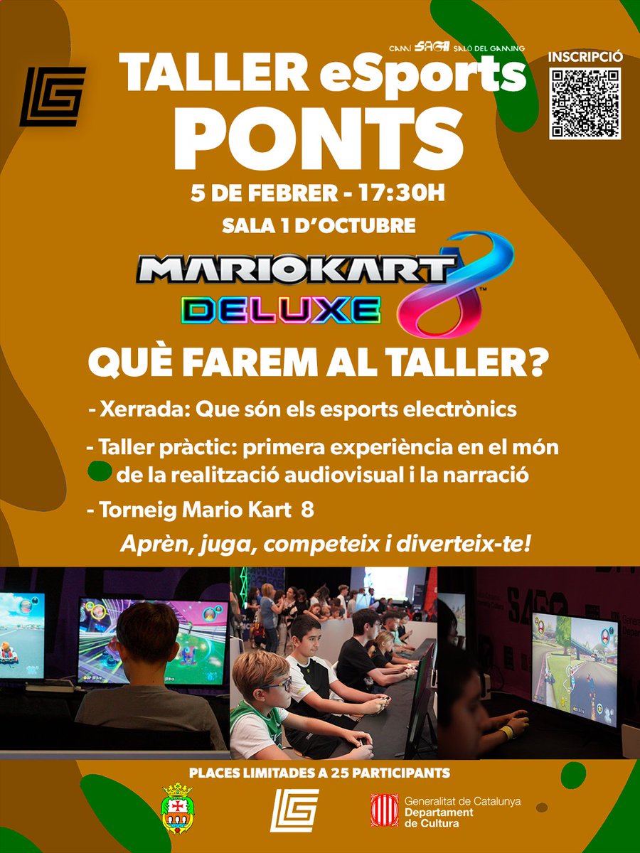 🎮 TALLER d’eSPORTS – PONTS 🏁

📅 5 de febrer
🕠 17:30 h
📍 Sala 1 d’Octubre

👉 Descobreix què són els esports electrònics, participa en un taller pràctic de realització audiovisual i narració 🎥🎙️
🏎️ I competeix en un torneig de Mario Kart 8 Deluxe!
✨ Aprèn, juga, competeix i