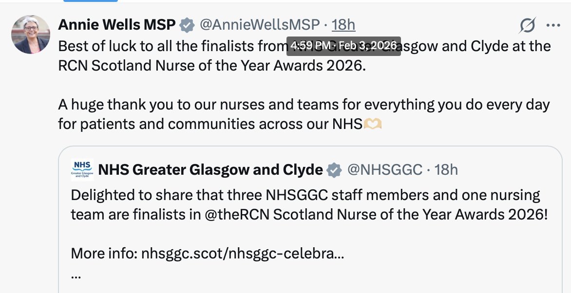 newsandpics's tweet image. Annie Wells (Conservative) found time to post on X about the finalists in a nurse of the year competition. X also helpfully timestamps posts.