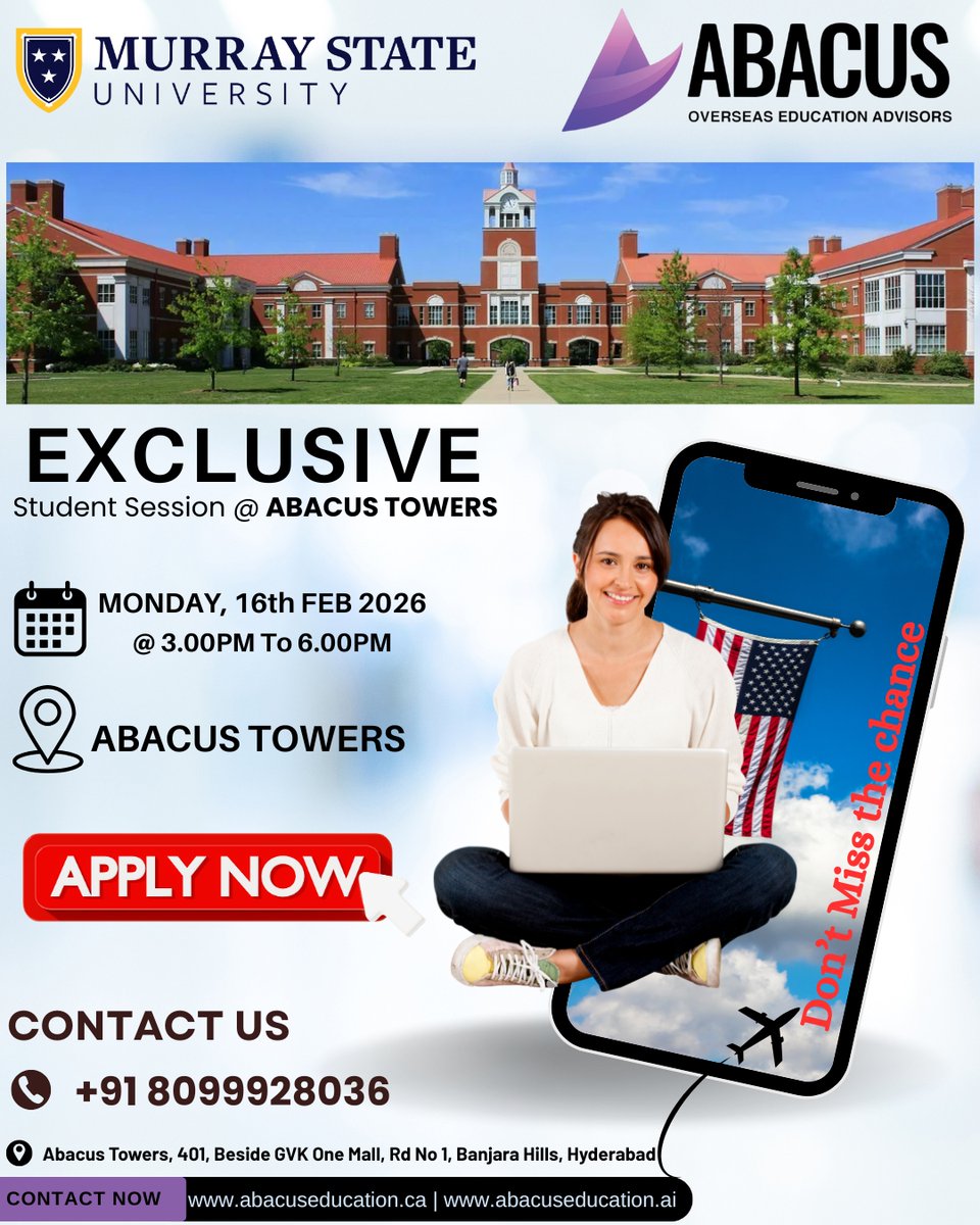 abacus_groups's tweet image. 🎓 Exclusive Student Session with Murray State University, USA 🇺🇸
Get expert guidance on programs, admissions, scholarships, and career opportunities at Abacus Towers.

📅 Monday, 16th Feb 2026
⏰ 3:00 PM – 6:00 PM
📍 Abacus Towers, Banjara Hills, Hyderabad

🚀 Take the next step