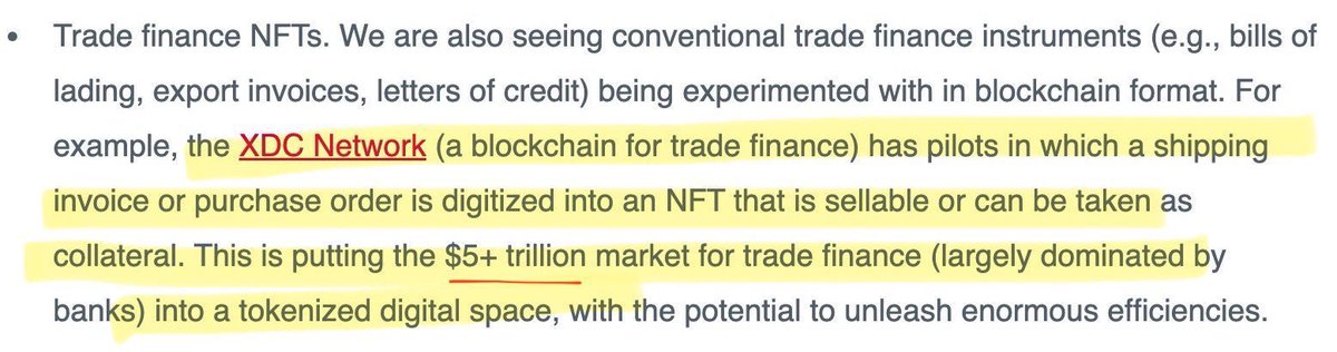 ‼️ XDC NETWORK TARGETS $5 TRILLION DAILY TRADE FINANCE ($2 QUADRILLION ANNUALLY) AS TOKENIZED NFTS TRANSFORM THE MARKET‼️

Documented.📝👇