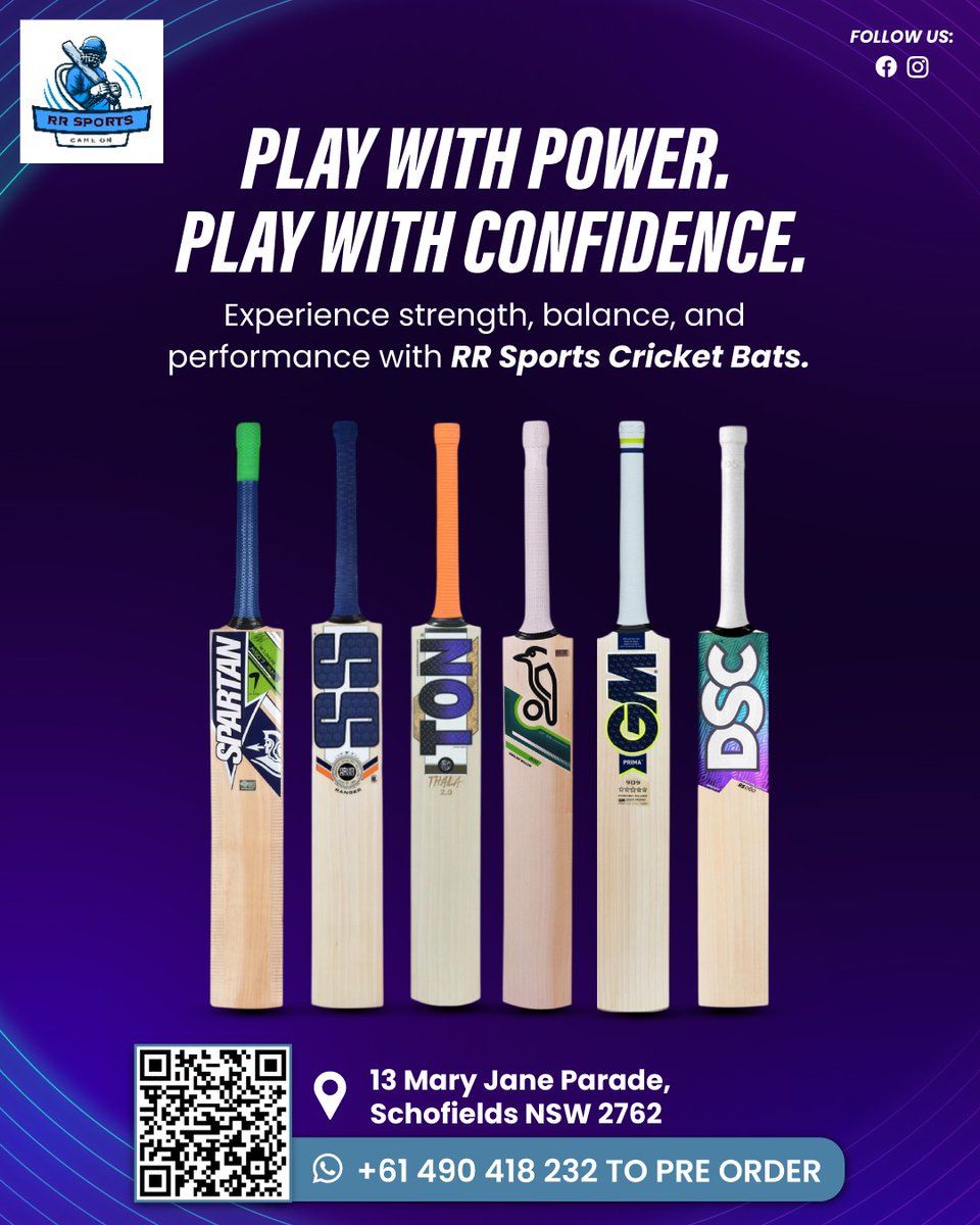 rrsportsau's tweet image. Built to dominate the game — RR Sports Cricket Bats where power meets perfect balance.

👉🏻 For more inquiries:
📞 +61 490 418 232
✉️ rrsportsschofields@gmail.com
📍 Visit us at: 13 Mary Jane Parade, Schofields NSW 2762

#RRSports #CricketBats #PlayWithPower  #CricketLife