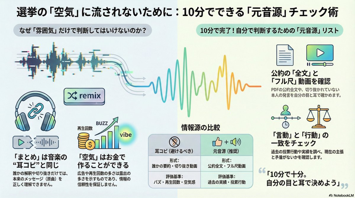 この話、10分でできる「元音源チェック」として画像にまとめました。投票前にサクッと確認したい人は、保存して使ってください。