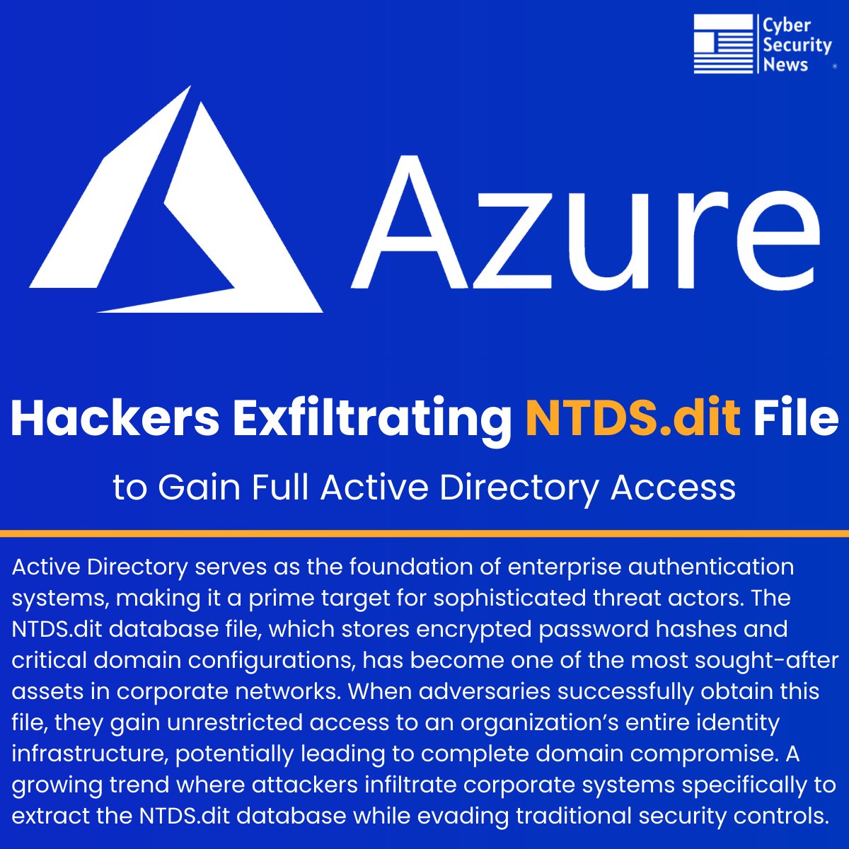 ⚠️ Hackers Exfiltrating NTDS.dit File to Gain Full Active Directory Access 

Source: cybersecuritynews.com/hackers-exfilt…

Active Directory serves as the foundation of enterprise authentication systems, making it a prime target for sophisticated threat actors.

The NTDS[.]dit database file,