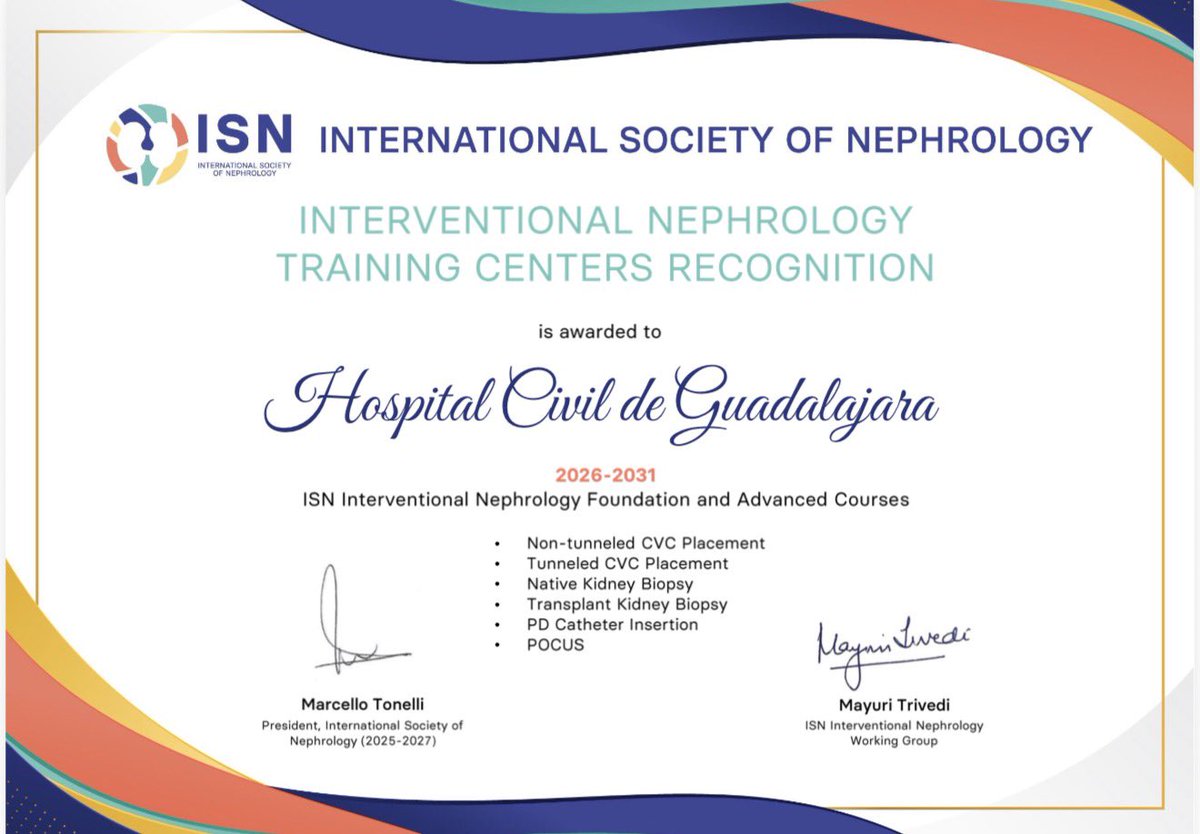 Nos da muchísimo gusto recibir el Reconocimiento como Interventional Nephrology Training Center por parte de la International Society of Nephrology. 

Distinción que nos compromete a más

Gestionó <a href="/ramonmedinaglez/">Ramon Medina</a> 

<a href="/ISNkidneycare/">Int Society of Nephrology</a> <a href="/IntervenNephMx/">Nefrología Intervencionista - México</a> <a href="/NefrologiaHCFAA/">Nefrología Hospital Civil de Guadalajara</a> <a href="/HospitalCivil/">@HospitalCivil</a>