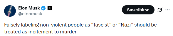 JFranAlbert's tweet image. Elon Musk en noviembre: "etiquetar falsamente a personas no violentas como “fascistas” o “nazis” debería considerarse una incitación al asesinato."

Contradicción récord.