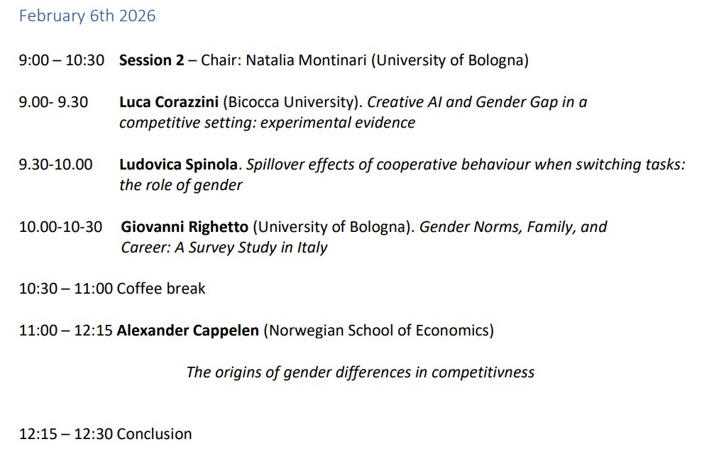 DSE_Unibo's tweet photo. 📢 Workshop – Thur 5 & Fri 6 Feb
🕛 Day 1: 14:30–18:15 | Day 2: 09:00–12:15
📍Auditorium
🎤 Keynotes: Nagore Iriberri & Alexander Cappelen
📝 “Experimental Approaches to Gender Inequality: Stereotypes, Norms, and Women’s Achievements in the Labour Market” #GenderEcon #EconTwitter https://t.co/IziXwGeAlV