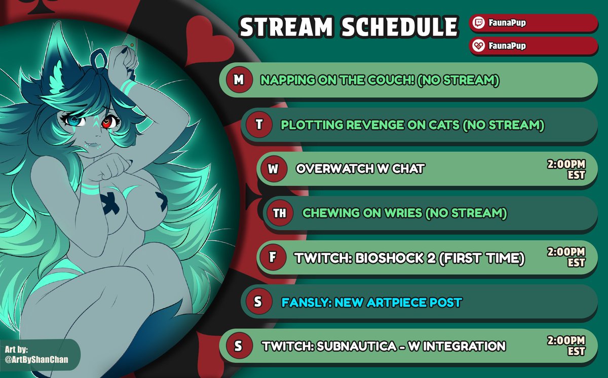 FaunaPup's tweet image. ♠♥ Stream Schedule! ♥♠

Feb 2. - Feb 8.

Tonight we'll have open lobbies for overwatch!

Friday I'm playing Bioshock for the first time, backseating will be permitted!

Sunday we're diving back into the depths of Subnautia the red plague, WITH integration turned on!