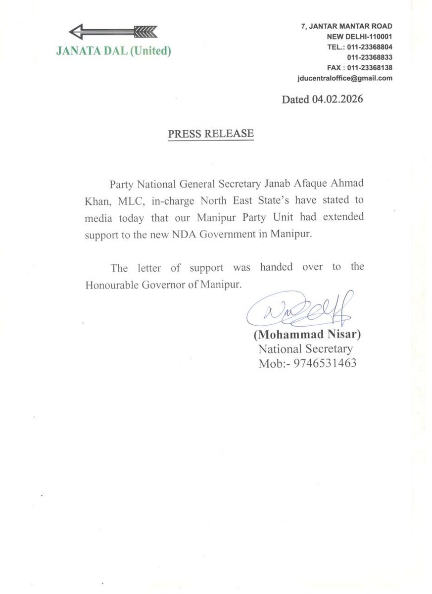 UpendrraRai's tweet photo. JD(U)'s lone #MLA in #ManipurAssembly has extended support to #NDA govt there. https://t.co/ST97xGK0Qs
